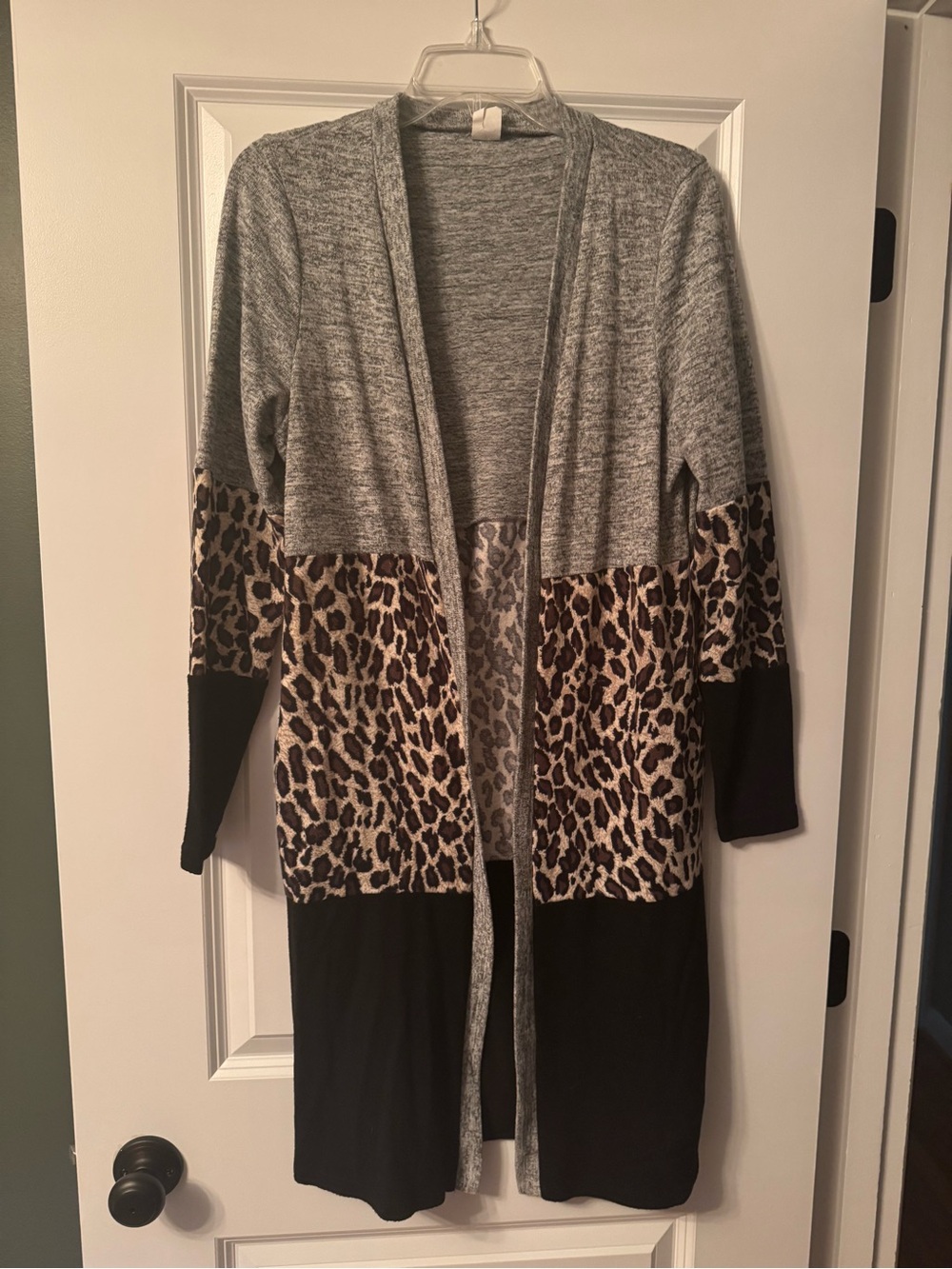 Gray Leopard-Block Open Front Women's Cardigan